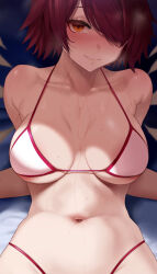 1girl arknights blush bra breasts exusiai_(arknights) highres nyamota red_hair short_hair smile solo swimsuit underwear yellow_eyes