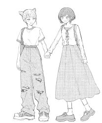 Rule 34 | 2girls, alternate costume, bag, baggy pants, belt, blush, cardigan, commentary request, dress, fukurai azami, full body, greyscale, highres, holding hands, jasmine (toshi densetsu kaitai center), long sleeves, looking at another, monochrome, multiple girls, open mouth, pants, shirt, shishibone (deerbooornes), shoes, short hair, short sleeves, shoulder bag, simple background, smile, sneakers, socks, standing, sweatdrop, torn clothes, torn pants, toshi densetsu kaitai center, white background