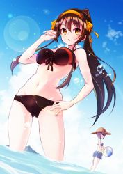 Rule 34 | 2girls, ball, beach, beachball, bikini, black bikini, blue bikini, blue shorts, blue sky, border, breasts, brown eyes, brown hair, cloud, commentary, copyright name, dated, day, from below, hair between eyes, hair ribbon, hairband, hand on own hip, hat, highres, holding, holding ball, large breasts, long hair, looking at viewer, multiple girls, nagato yuki, nagato yuki-chan no shoushitsu, nanabuluku, navel, official alternate hair length, official alternate hairstyle, orange hairband, orange ribbon, outdoors, ponytail, purple hair, revision, ribbon, short hair, shorts, sky, solo focus, standing, straw hat, suzumiya haruhi, suzumiya haruhi no shoushitsu, suzumiya haruhi no yuuutsu, swimsuit, symbol-only commentary, very long hair, wading, water