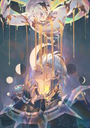 2boys antenna_hair armor betina_mascenon black_choker black_gloves black_shirt blood blood_drip blue_cape blue_eyes cape choker coat collar_tug commentary cracked_skin english_commentary fingerless_gloves gloves highres honkai:_star_rail honkai_(series) male_focus moon multiple_boys neck_tattoo pale_skin parted_bangs pauldrons phainon_(honkai:_star_rail) shirt short_hair shoulder_armor single_glove single_pauldron tattoo white_coat white_hair yellow_blood