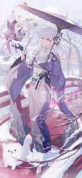 1girl absurdres black_gloves braid bridge closed_mouth flower gloves hair_flower hair_ornament highres holding holding_umbrella japanese_clothes kaomishu kimono long_hair long_sleeves new_year obi oil_paper_umbrella original outdoors pink_eyes purple_kimono sash smile snow solo standing tree umbrella white_hair wide_sleeves