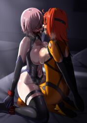 2girls arm_binder armbinder arms_behind_head ass asymmetrical_docking ball_gag bdsm bed blindfold bondage bondage_cuffs bound bound_together breast_press collar double_strap_ball_gag elbow_gloves face-to-face fate/grand_order fate_(series) forced forced_kiss fujimaru_ritsuka_(female) gag gloves highres indoors kiss kneeling mash_kyrielight multiple_girls orange_hair pink_hair shared_gag short_hair slave sweat thighhighs yuri zetsu_red