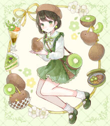 Rule 34 | 1girl, animal, argyle background, bag, beret, bird, black hair, blueberry, blush, braid, brown hat, buttons, cake, cake slice, center-flap bangs, collared shirt, commentary request, cookie, dot nose, dress, dress shirt, earrings, flower, flower symbol, food, food-themed earrings, frilled dress, frilled shirt collar, frills, fruit, full body, green background, green bag, green dress, green eyes, green ribbon, green shoes, hair ornament, handbag, hat, highres, holding, holding animal, holding bird, jewelry, kiwi (bird), kiwi (fruit), kiwi earrings, kiwi slice, knees together feet apart, leg up, lid, long sleeves, looking at viewer, mary janes, name connection, neck ribbon, object namesake, original, own hands together, parted lips, pinafore dress, puffy long sleeves, puffy sleeves, ribbon, ribbon border, shirt, shoes, short dress, short hair, shoulder bag, side braid, sleeveless, sleeveless dress, smoothie, socks, solo, southern brown kiwi, tententuyu, white flower, white shirt, white socks, x hair ornament