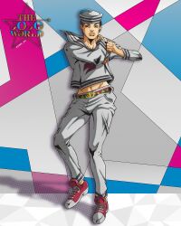 1boy anime_coloring araki_hirohiko_(style) arm_around_neck belt belt_buckle black_hair boots buckle commentary dixie_cup_hat earrings english_commentary full_body genda_art grey_belt grey_hat grey_pants grey_sailor_collar grey_shirt groin hat higashikata_josuke_(jojolion) highres jewelry jojo_no_kimyou_na_bouken jojolion logo long_sleeves looking_at_viewer midriff military_hat official_style pants parted_lips recolored red_belt red_boots redrawn sailor sailor_collar sailor_hat shirt shoes sneakers standing stud_earrings teeth triangle_print yellow_eyes yellow_lips