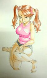 Rule 34 | 1girl, barefoot, breasts, brown eyes, brown hair, closed mouth, full body, gundam, gundam build fighters, gundam build fighters try, hair ornament, highres, long hair, looking at viewer, matsukawa tetsuya, medium breasts, one-piece swimsuit, pink one-piece swimsuit, plump, sazaki kaoruko, simple background, smile, solo, swimsuit, twintails, white background