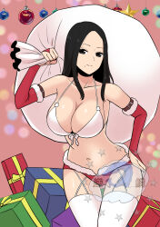 1girl absurdres arm_belt beautiful_gunbari bikini black_hair breasts cleavage gift hand_on_own_hip highres holding holding_sack large_breasts long_hair mole mole_under_mouth navel oh_junghwa sack solo standing swimsuit thighhighs vmfhaldnjfem watermark white_bikini white_thighhighs