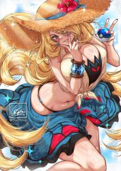 Rule 34 | 1girl, bikini, black bikini, blue sarong, blush, breasts, chie00chan, cleavage, closed mouth, cowboy shot, cynthia (pokemon), great ball, hair over one eye, hat, large breasts, navel, nintendo, parted lips, poke ball, pokemon, pokemon dppt, pokemon masters ex, sarong, shirt, smile, solo, straw hat, sunlight, swimsuit, tied shirt, white shirt