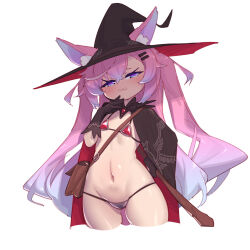 1girl absurdres animal_ears bag bikini black_gloves blush facing_viewer fingers_to_mouth fox_ears fox_girl gloves gradient_hair hair_between_eyes hair_ornament hairclip half-closed_eyes hand_up hat highres indie_virtual_youtuber long_bangs long_hair looking_at_viewer multicolored_hair navel open_mouth pink_hair shippitsu sidelocks simple_background solo standing swimsuit teletha_(vtuber) twintails very_long_hair white_background witch_hat