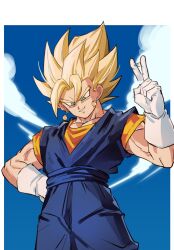 1boy blonde_hair blue_pants blue_sash blue_shirt commentary cowboy_shot dougi dragon_ball dragonball_z earrings gloves green_eyes highres jewelry male_focus medium_hair muscular muscular_male pants potara_earrings sash shirt sky solo spiked_hair super_saiyan super_saiyan_1 symbol-only_commentary vegetto white_gloves xi1475345369