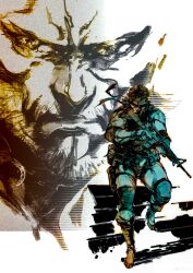 1boy absurdres assault_rifle bandana belt elbow_pads facial_hair gun headband highres holding holding_gun holding_weapon knee_pads m4_carbine male_focus metal_gear_(series) metal_gear_solid_2:_sons_of_liberty official_art pouch projected_inset rifle shinkawa_youji solid_snake solo thigh_pouch third-party_source utility_belt walking weapon