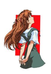 1girl amondetauro arms_behind_back blue_eyes from_behind grey_skirt grey_vest half_updo highres interface_headset_(evangelion) long_hair looking_at_viewer neon_genesis_evangelion orange_hair school_uniform shirt short_sleeves simple_background skirt smile solo souryuu_asuka_langley tokyo-3_middle_school_uniform vest white_shirt