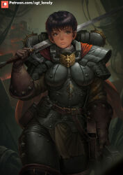 1girl adeptus_astartes armor berserk black_hair bolter breastplate breasts cape casca_(berserk) chaos_space_marine crossover dark-skinned_female dark_skin gloves greatsword helmet holding holding_weapon large_breasts looking_at_viewer patreon_logo patreon_username pauldrons power_armor servo-skull sgt_lonely short_hair shoulder_armor solo sword warhammer_40k watermark weapon web_address winged_skull