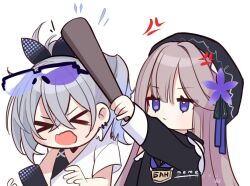 &gt;_&lt; 2girls anger_vein baseball_bat beret black_shirt blue_bow bonk bow cellphone chibi chibi_only closed_eyes closed_mouth commentary detached_sleeves double-parted_bangs dropping earrings english_commentary eyelashes eyewear_on_head flower grey_hair hair_bow hat hat_flower herta_(honkai:_star_rail) hitting holding holding_baseball_bat honkai:_star_rail honkai_(series) jewelry jitome long_hair multiple_girls open_mouth over-rim_eyewear phone polka_dot polka_dot_bow ponytail purple_eyes purple_flower purple_hair ringeko-chan semi-rimless_eyewear shirt short_sleeves silver_wolf_(honkai:_star_rail) single-shoulder_shirt single_sleeve smartphone sunglasses white_background white_shirt