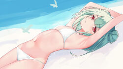 armpits arms_up bikini bird blush breasts double_bun dove gradient_hair green_hair hair_bun highres hololive light_smile lying lying_on_water medium_hair multicolored_hair navel on_back red_eyes rifufu sidelocks small_breasts swimsuit uruha_rushia virtual_youtuber white_bikini