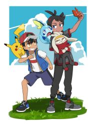 2boys antenna_hair ash_ketchum black_hair black_pants blue_vest closed_mouth commentary_request gen_1_pokemon gen_4_pokemon gen_8_pokemon goh_(pokemon) grass grey_footwear grey_shirt grin hat highres holding holding_phone holding_pokemon male_focus multiple_boys nintendo open_clothes open_vest pants phone pikachu pokemon pokemon_(anime) pokemon_(creature) pokemon_journeys raboot red_hat red_socks rotom rotom_phone selfie shirt shoes short_sleeves shorts shuan_0420 smile sobble socks standing t-shirt teeth vest white_shirt