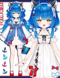 ahoge alternate_hairstyle animal_ears blue_bow blue_hair blue_nails blue_shirt bow choppy_bangs cowlick dress fang flower_hairpin full_body hair_ornament hair_tie hairpin headband highres idol_corp long_hair low_twintails official_art open_mouth poko_rakun raccoon_ears raccoon_girl raccoon_tail red_bow red_shoes ribbon shirt shoes shouu-kun sidelocks standing tail twintails virtual_youtuber white_bow white_dress white_headband white_ribbon white_wrist_cuffs wrist_cuffs yellow_eyes
