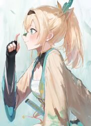 Rule 34 | 1girl, blonde hair, chest sarashi, commentary, fingerless gloves, gloves, green eyes, haori, highres, hololive, japanese clothes, katana, kazama iroha, kazama iroha (1st costume), kouchanthree, leaf, leaf on face, ponytail, profile, sarashi, smile, sword, symbol-only commentary, virtual youtuber, weapon, wide sleeves
