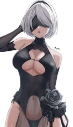 1girl 2b_(nier:automata) 2b_(yorha_unofficial_waterfront_gear)_(nikke) :o arm_up bare_shoulders black_flower black_hairband black_one-piece_swimsuit black_rose blindfold breasts cleavage cleavage_cutout clothing_cutout covered_navel curvy flower goddess_of_victory:_nikke hairband highleg highleg_one-piece_swimsuit highres large_breasts lips mole mole_under_mouth nier:automata nier_(series) one-piece_swimsuit pelvic_curtain rose see-through_clothes see-through_pelvic_curtain short_hair shupita simple_background solo swimsuit white_background white_hair wide_hips