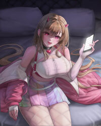 1girl absurdres bare_shoulders blush breasts brown_hair cleavage collar goddess_of_victory:_nikke hair_ornament highres holding horns kimdooboo large_breasts long_hair looking_at_viewer mole open_mouth pantyhose pink_eyes red_eyes smile solo thighs viper_(nikke)