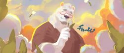 1boy bara bear bear_boy cilohnoino closed_eyes closed_mouth dandelion flower furry furry_male holding holding_flower male_focus original outdoors polar_bear red-framed_eyewear red_shirt shirt solo