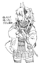 1girl arknights closed_mouth commentary_request cowboy_shot dragon_girl dragon_horns expressionless gun haruichi_(sazanami_complex) hatching_(texture) highres holding holding_gun holding_weapon horns jacket linear_hatching liskarm_(arknights) long_sleeves looking_to_the_side monochrome mp40 open_clothes open_jacket profile scarf short_hair simple_background sketch skirt solo standing submachine_gun translation_request unfinished weapon
