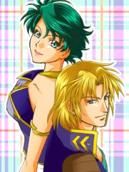 1boy 1girl armlet aya_kobayashi back-to-back banpresto bare_shoulders blonde_hair collarbone dress green_hair jewelry lipstick lowres makeup qvga raidese_f_branstein short_hair super_robot_wars super_robot_wars_original_generation upper_body