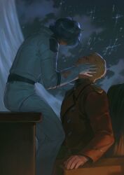 2boys absurdres aged_up alternate_universe blonde_hair blue_hair char&#039;s_counterattack char_aznable gundam hebi86070749 highres jacket kamille_bidan looking_up mecha_pilot_suit military_uniform multiple_boys normal_suit_(gundam) red_jacket zeta_gundam