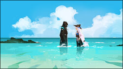 1girl 1other arknights black_gloves black_hat black_jacket blue_sky cloud doctor_(arknights) gloves hat highres hood hood_up hooded_jacket horizon jacket long_hair ocean open_clothes open_jacket outdoors qingjiaokuaigengxin reflection skadi_(arknights) sky very_long_hair wading water white_hair