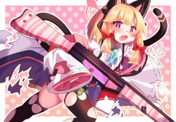 Rule 34 | 1girl, absurdres, animal ear headphones, animal ears, aqua necktie, battle rifle, black coat, black skirt, black tail, black thighhighs, blonde hair, blue archive, blunt bangs, border, bow, bright pupils, cat ear headphones, cat ears, cat tail, coat, collared shirt, commentary request, eyes visible through hair, fake animal ears, fake tail, fang, feet out of frame, frilled coat, frilled skirt, frills, furrowed brow, gradient background, gun, h&amp;k g3, hair bow, halo, headphones, highres, holding, holding gun, holding weapon, long sleeves, long tail, looking at viewer, low-tied sidelocks, medium hair, miniskirt, miru purin (cha mochi), momoi (blue archive), multicolored coat, necktie, off shoulder, open clothes, open coat, outline, outside border, outstretched arm, pink background, pink coat, pink eyes, pink halo, polka dot, polka dot background, red bow, rifle, shirt, sidelocks, single sleeve past fingers, skin fang, skindentation, skirt, sleeves past wrists, solo, spread fingers, suspender skirt, suspenders, sweat, tail, tearing up, teeth, thighhighs, thighs, torn clothes, torn coat, torn necktie, torn shirt, torn skirt, torn sleeves, torn thighhighs, two-sided coat, two-sided fabric, upper teeth only, weapon, white border, white coat, white outline, white pupils, white shirt, wide sleeves