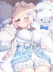 1girl bandaid bandaid_hair_ornament bangs_pinned_back blue_pajamas blush bow bra braid breasts buruma crossed_bandaids fingernails forehead ghost_hair_ornament hair_bow hair_ornament hairclip highres holding holding_stuffed_toy ksk_(semicha_keisuke) large_breasts light_particles long_hair long_sleeves looking_at_viewer lying nijisanji on_back one_eye_closed open_mouth pajamas pillow pink_eyes pink_hair rubbing_eyes shiina_yuika shiina_yuika_(13th_costume) solo stuffed_animal stuffed_toy tearing_up teddy_bear thighs twin_braids twintails underwear virtual_youtuber white_bow white_bra white_buruma