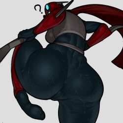 1girl ? armor ass bodysuit bow_(weapon) breasts from_behind grey_background helmet highres huntress_(risk_of_rain) krekkov large_breasts leg_lift looking_at_viewer looking_back looking_down risk_of_rain risk_of_rain_(series) risk_of_rain_2 scarf shoulder_armor simple_background skin_tight solo sweat thighs variant_set weapon