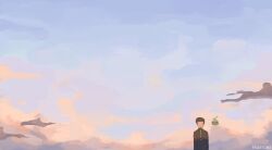 1boy absurdres black_hair black_shirt buttons cloud cloudy_sky commentary ekubo_(mob_psycho_100) english_commentary faceless facing_viewer fruiitlins gakuran highres kageyama_shigeo mob_psycho_100 painterly scenery school_uniform shirt short_hair sky spirit sunrise upper_body wide_shot