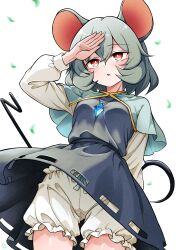 1girl absurdres animal_ears arm_behind_back arm_up black_dress bloomers blue_capelet breasts capelet commentary_request commission cowboy_shot dowsing_rod dress grey_hair hair_between_eyes highres jewelry long_sleeves mouse_ears mouse_girl mouse_tail nazrin open_mouth pendant red_eyes scavia10 shirt short_hair skeb_commission small_breasts solo tail touhou underwear white_background white_bloomers white_shirt