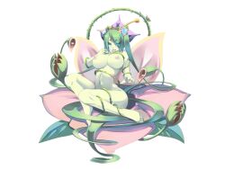 1girl alraune barefoot blue_eyes blush breasts colored_skin completely_nude eyes_visible_through_hair feet flower flower_on_head game_cg glowing glowing_eyes green_hair green_skin hair_flower hair_ornament kanon_(mon-musu_quest!) large_breasts long_hair looking_at_viewer mon-musu_quest! mon-musu_quest:_paradox monster_girl navel nipples non-web_source nose nude open_mouth plant plant_girl plant_hair shiki_(psychedelic_g2) sitting smile solo variant_set venus_flytrap very_long_hair vines