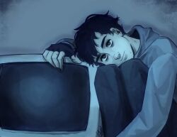1boy :| bags_under_eyes black_eyes black_gloves black_hair blue_theme closed_mouth crt cry_of_fear dionaisque61043 exhausted fingerless_gloves gloves grey_hoodie head_tilt hood hood_down hoodie hugging_own_legs leaning_on_object male_focus messy_hair shadow short_hair simon_henriksson solo upper_body