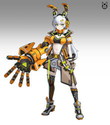 1girl absurdres animal_ears asymmetrical_legwear belt boots breasts brown_jacket cleavage closed_mouth crop_top fake_animal_ears fingerless_gloves full_body gauntlets gloves gradient_background green_eyes grey_background grey_hair hair_ornament hairclip headphones highres jacket kneehighs large_breasts long_hair looking_at_viewer mecha_musume mechanical_arms medium_breasts midriff mismatched_legwear navel original rabbit_ears robot_girl short_sleeves single_fingerless_glove single_gauntlet single_glove single_kneehigh single_mechanical_arm single_sock single_thighhigh skirt socks solo standing stomach striped_clothes striped_thighhighs thighhighs uneven_legwear vertical-striped_clothes vertical-striped_thighhighs very_long_hair white_hair zzq