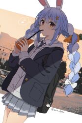 1girl ama_(ama_ekaku) animal_ear_fluff animal_ears braid carrot carrot_hair_ornament city cup drinking_straw food-themed_hair_ornament hair_ornament highres hololive hololive_fantasy jacket multicolored_hair musical_note orange_eyes rabbit-shaped_pupils rabbit_ears rabbit_girl school_uniform short_eyebrows skirt symbol-shaped_pupils thick_eyebrows twin_braids two-tone_hair usada_pekora virtual_youtuber