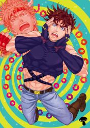 2boys brown_hair caesar_anthonio_zeppeli fingerless_gloves gloves hands_on_own_face jojo_no_kimyou_na_bouken joseph_joestar joseph_joestar_(young) lammydks male_focus midriff multiple_boys spiral uchiyama_lammy