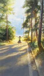 1girl black_hair blue_neckerchief blue_skirt closed_eyes dappled_sunlight day fjsmu highres neckerchief open_mouth original outdoors outstretched_arms power_lines road skirt solo standing sunlight tree utility_pole