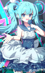 Rule 34 | 1girl, absurdres, aqua hair, artist name, blue archive, blue eyes, blue halo, collarbone, commentary, dress, english commentary, hair ornament, halo, hatsune miku, highres, holding, holding microphone, hua-huahua, long hair, looking at viewer, microphone, open mouth, sleeveless, sleeveless dress, solo, teeth, translated, twintails, upper teeth only, very long hair, vocaloid, white dress