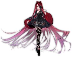 1girl anklet bare_shoulders black_dress black_nails black_ribbon black_shrug bracelet braid breasts choker clothing_cutout dress fate/grand_order fate_(series) frilled_sleeves frills full_body gradient_hair gradient_nails hair_between_eyes hair_ornament high_heels highres horn-shaped_hair hotosoka jewelry leg_ribbon long_hair long_sleeves looking_at_viewer multicolored_hair official_art one_eye_covered outline pink_hair purple_nails red_hair ribbon shoes shrug_(clothing) small_breasts smile solo standing thigh_strap transparent_background typhon_ephemeros_(fate) very_long_hair wide_sleeves yellow_eyes