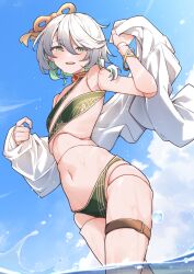 1girl :d absurdres airenif alternate_costume bikini blue_sky bracelet braid cecilia_immergreen cloud colored_inner_hair day doll doll_joints double-parted_bangs flat_chest green_bikini green_eyes green_hair grey_hair hair_between_eyes hair_ornament highres holding holding_jacket holding_unworn_clothes hololive hololive_english jacket jacket_partially_removed jewelry joints looking_at_viewer multicolored_hair navel open_mouth outdoors partially_underwater_shot short_hair side_braid single_braid sky smile solo swimsuit teeth thigh_strap unworn_jacket upper_teeth_only virtual_youtuber wading winding_key
