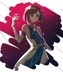 Rule 34 | 1girl, bead necklace, beads, black hair, bracelet, dress, flower, flower on head, flower wreath, headband, highres, jewelry, necklace, nintendo, official alternate costume, pk tosakadayo, pokemon, pokemon masters ex, purple headband, selene (champion) (pokemon), selene (pokemon), short hair, sleeveless, sleeveless dress, solo