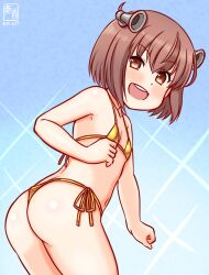 1girl artist_logo bikini blue_background brown_eyes brown_hair commentary_request covered_erect_nipples dated flat_chest gold_bikini headgear kanon_(kurogane_knights) kantai_collection logo one-hour_drawing_challenge open_mouth radar_hair_ornament round_teeth short_hair side-tie_bikini_bottom smile solo sparkle speaking_tube_headset swimsuit teeth thong_bikini upper_teeth_only yukikaze_(kancolle)