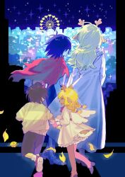 2girls 2others absurdres age_comparison aged_down angel_wings animal_ears antlers armor armored_boots beryllium_game black_shorts blonde_hair blue_hair blue_skin boots braid brown_hair buck_teeth cape child city closed_mouth colored_skin commentary_request cyber_world_(deltarune) deer_antlers deer_ears deer_girl deer_tail deltarune demon_horns dress dual_persona fake_wings falling_leaves ferris_wheel floating_cape from_behind full_body furry furry_female grabbing_another&#039;s_arm green_sweater heart highres hooves horns in-universe_location kris_(dark_world)_(deltarune) kris_(deltarune) leaf long_hair long_sleeves looking_at_another low_twin_braids multiple_girls multiple_others noelle_holiday noelle_holiday_(dark_world) petticoat red_cape red_eyes red_nose red_shoes reindeer_girl robe shoes short_hair shorts skyline socks sparkle striped_clothes striped_sweater sweater tail teeth twin_braids upper_teeth_only walking white_dress white_robe white_socks wings yellow_leaves yellow_skin