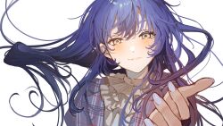 1girl absurdres ascot blue_hair blue_nails commentary english_commentary formal_clothes grey_eyes highres je_ngu long_hair looking_at_viewer nijisanji parted_lips plaid_suit ponto_nei purple_suit reaching reaching_towards_viewer sidelocks simple_background smile solo suit swept_bangs virtual_youtuber white_ascot white_background