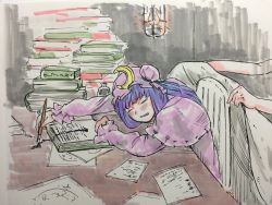 1girl bad_id bad_pixiv_id blue_ribbon blush book crescent crescent_hair_ornament frilled_sleeves frills hair_ornament hat holding holding_pen indoors inkwell light_bulb long_hair long_sleeves misohagi mob_cap nib_pen_(object) open_mouth paper patchouli_knowledge pen purple_hair ribbon sitting sleeping table touhou writing