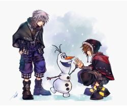 3boys adapted_costume belt black_boots black_gloves black_hat black_pants blue_eyes blue_pants boots branch buck_teeth carrot closed_mouth disney eye_contact fingerless_gloves frozen_(disney) fur-trimmed_headwear fur_trim gloves green_eyes grey_hair hand_on_own_hip hat high_five kingdom_hearts kingdom_hearts_iii kneeling lace-up_boots looking_at_another male_focus mim_(mimya0600) multiple_belts multiple_boys olaf_(frozen) pants pouch riku_(kingdom_hearts) shawl shoes signature smile snowing snowman sora_(kingdom_hearts) standing teeth thigh_belt thigh_pouch thigh_strap upper_teeth_only white_background white_fur