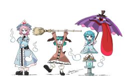 3girls animal_ears black_ribbon black_shoes blue_dress blue_eyes blue_fire blue_hair blue_hat blue_kimono blue_skirt blue_vest broom brown_dress brown_fur buttons center_frills closed_eyes closed_mouth collar collared_dress dog_ears dog_girl dog_tail dress fire flower flower_button frilled_collar frilled_hat frilled_kimono frilled_ribbon frilled_shirt_collar frilled_sleeves frills geta ghost ghost_print ghost_tail green_hair hand_on_own_arm hand_on_own_face hands_up hat heterochromia highres holding holding_broom holding_umbrella japanese_clothes juliet_sleeves kasodani_kyouko kimono lantern long_hair long_sleeves looking_at_viewer medium_hair mob_cap multiple_girls open_mouth pink_eyes pink_hair puffy_long_sleeves puffy_sleeves red_eyes ribbon saigyouji_yuyuko sandals shoes signature simple_background sitting skirt smile socks standing swept_bangs tail tatara_kogasa tatara_kogasa_(umbrella) ten_desires tongue tongue_out touhou triangular_headpiece umbrella vest waist_ribbon wavy_hair white_background white_collar white_socks wide_sleeves yoiy_san