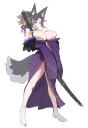 Rule 34 | 1girl, absurdres, animal ears, breasts, cleavage, fox ears, fox tail, grey hair, gya rb, highres, huge breasts, japanese clothes, katana, mature female, solo, sword, tabi, tail, tall female, trickcal, weapon